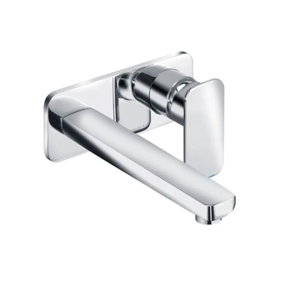 Wasserhahn in chrom, wandmontiert mit einem langen Auslauf und einem seitlichen Bediengriff, hergestellt von Kludi.